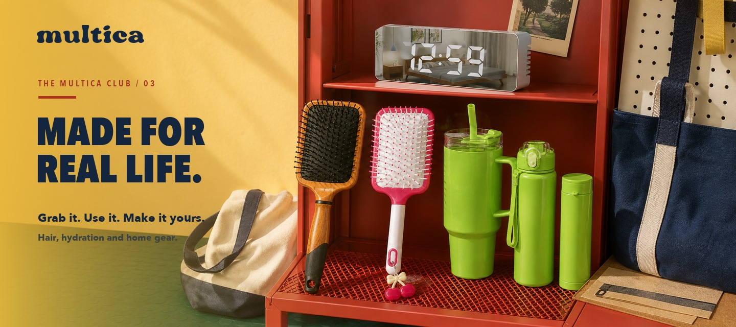 Multica brushes and tumblers displayed in a colourful locker-room set