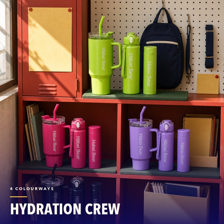 Colourful Multica hydration bottles on a graphic set